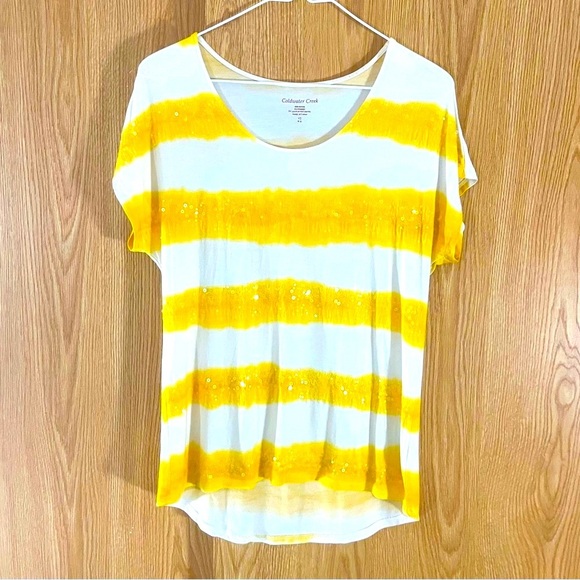 Yellow/White Striped with Sequins Oversized Career Tee Top - Picture 1 of 3